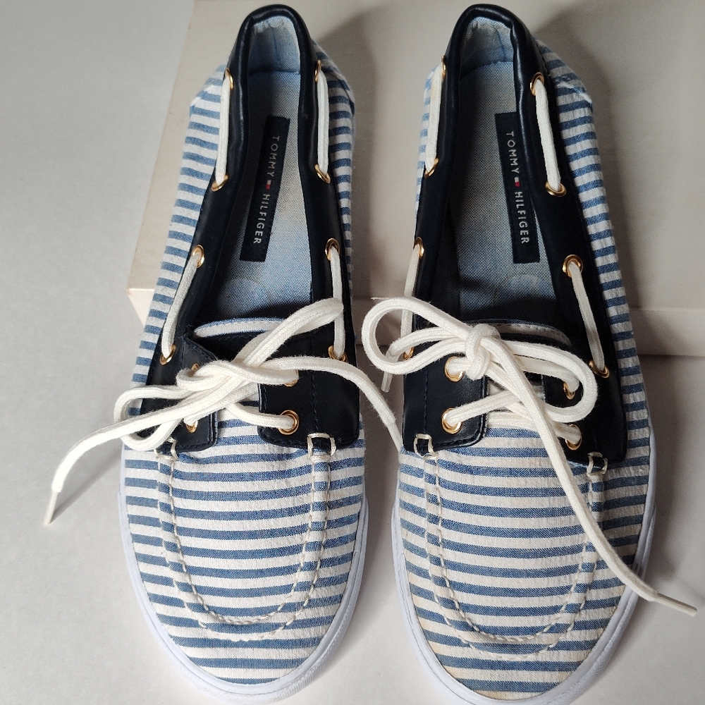 Tommy Hilfiger Blue & White Striped Loafers with Canvas Material Size Women's 8